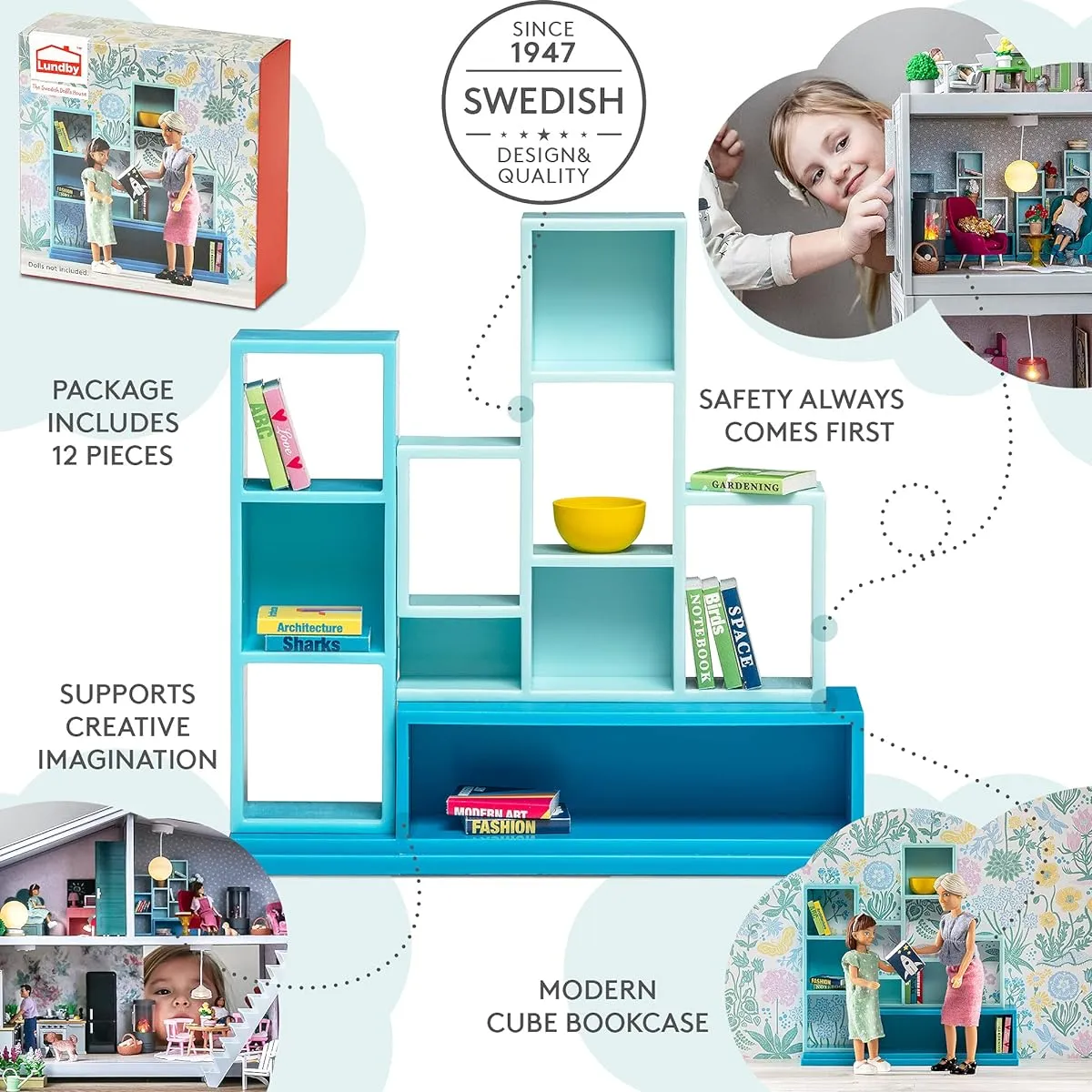 Dollhouse Modern Bookshelf Shelving Unit (with books)