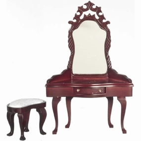 Dollhouse Miniature Bedroom Furniture Mahogany Vanity Dresser and Stool