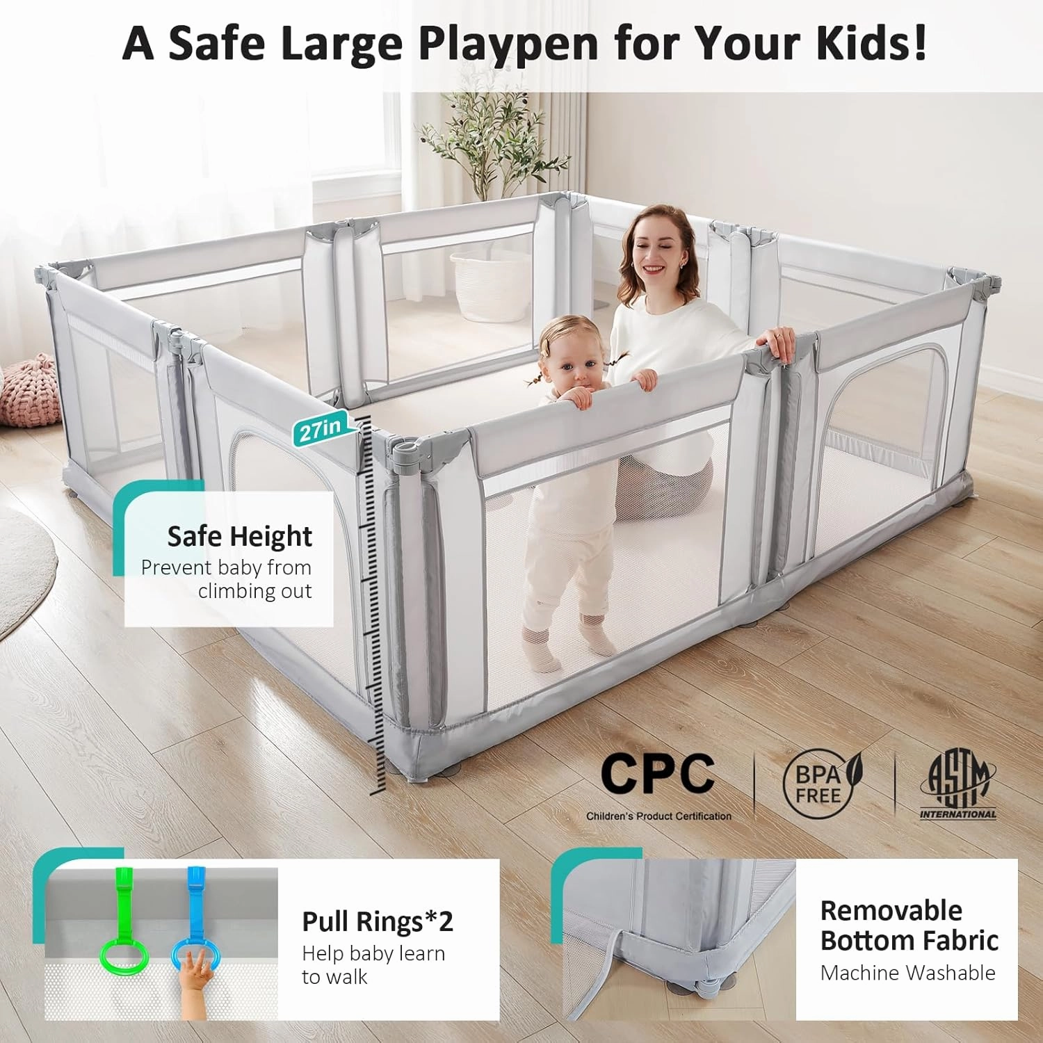 Doradotey Baby Playpen, Shape &Size Adjustable Large Baby Playard for Babies and Toddlers, Foldable Playpen Fence Indoors Play Center Yards, Breathable Mesh Anti-Fall Play Pen 79x71, Light Grey