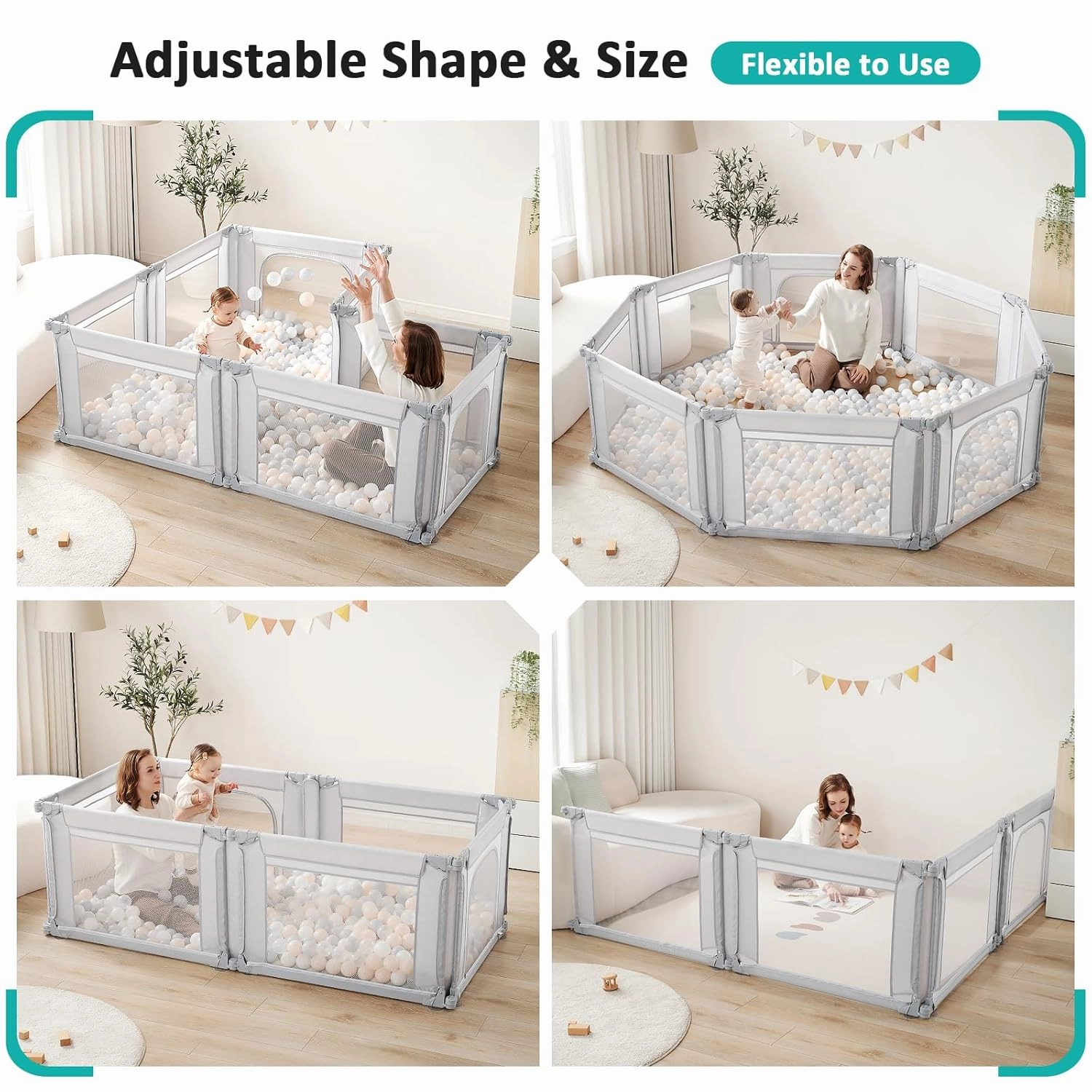 Doradotey Baby Playpen, Shape &Size Adjustable Large Baby Playard for Babies and Toddlers, Foldable Playpen Fence Indoors Play Center Yards, Breathable Mesh Anti-Fall Play Pen 79x71, Light Grey