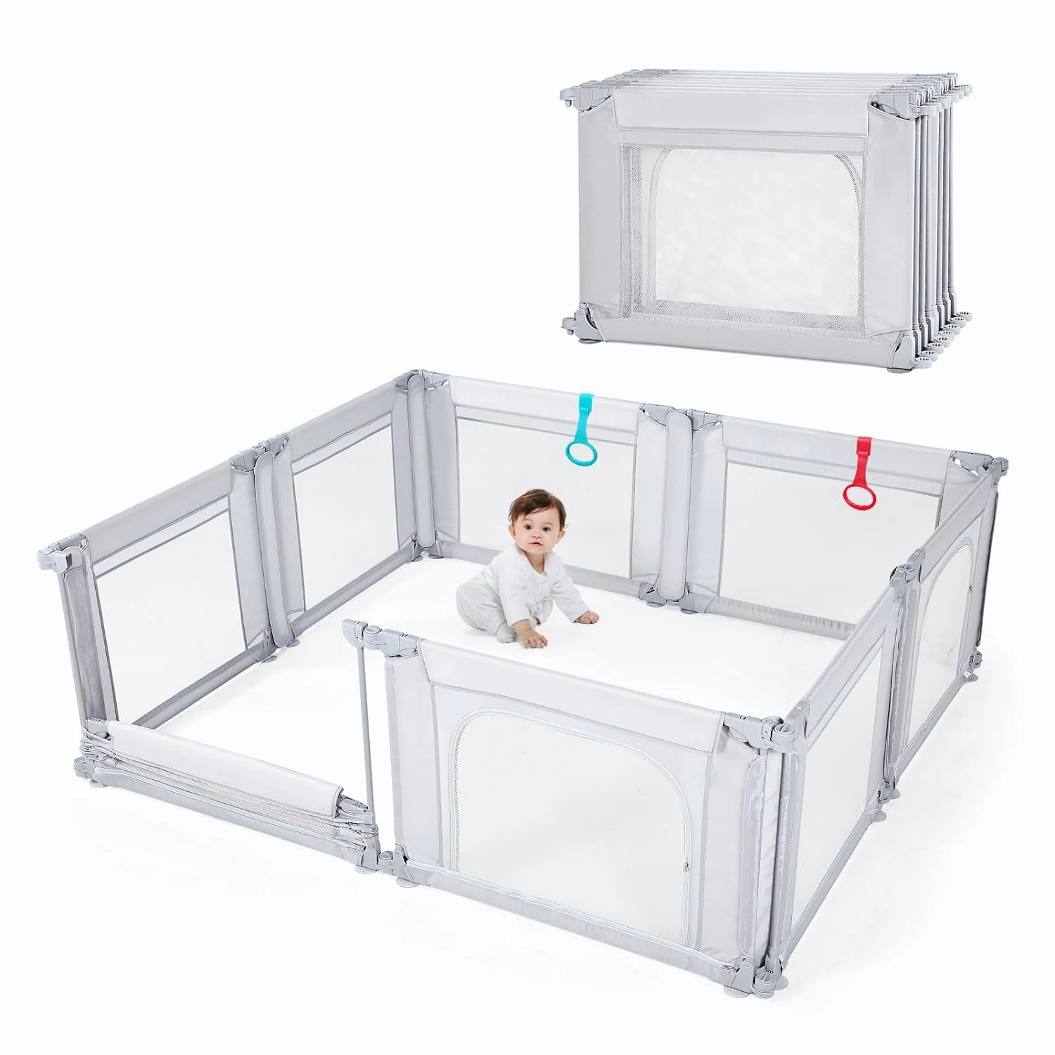 Doradotey Baby Playpen, Shape &Size Adjustable Large Baby Playard for Babies and Toddlers, Foldable Playpen Fence Indoors Play Center Yards, Breathable Mesh Anti-Fall Play Pen 79x71, Light Grey