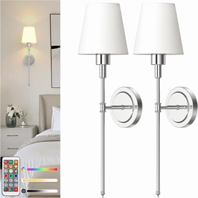 DORESshop Battery Operated Wall Sconce Set of 2, Wireless Wall Light Easy to Install, 7 Color Rechargeable Wall Sconces, Sconce Wall Decor Set of 2 for Bedroom, Living Room, Chrome, 24.6in