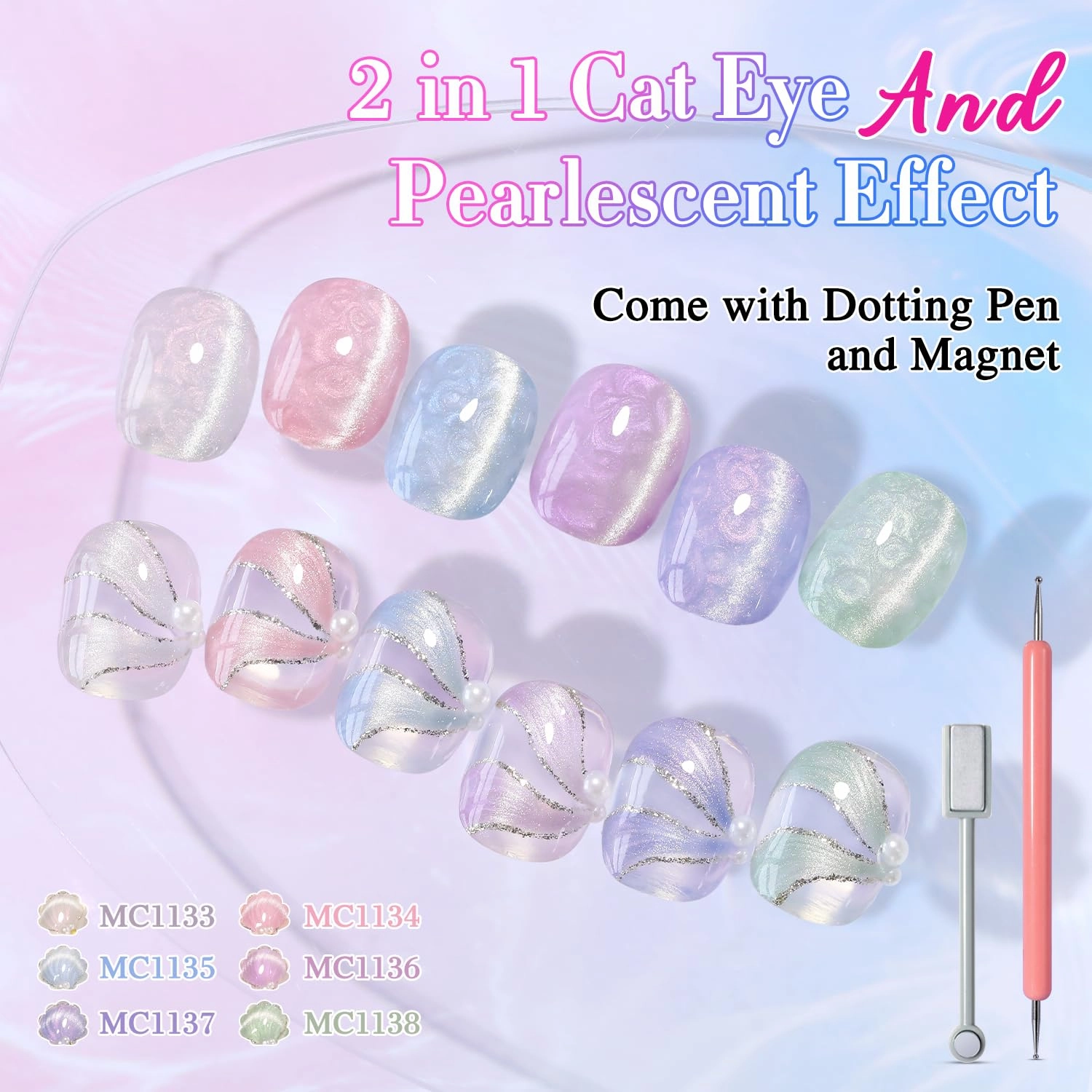 Double Rhythm 6 Colors Cat Eye Gel Polish Set Shimmer Glitter with Magnet Holographic Reflective Magnetic UV Nail Art Kit (6-Kit 44)