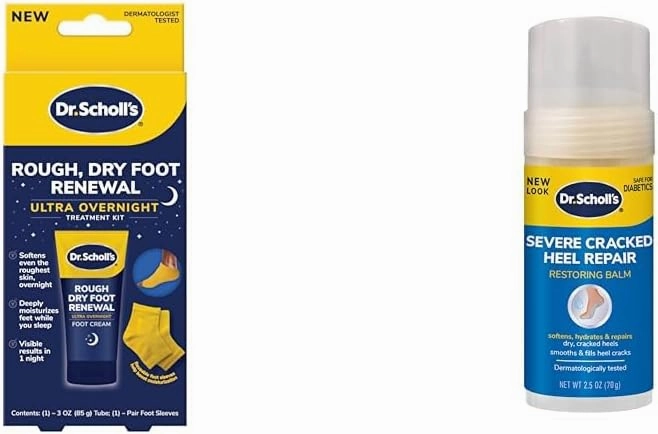 Dr. Scholl's Rough, Dry Foot Renewal Ultra Overnight Treatment with Foot Cream 3oz, Heel Sleeve Socks & Severe Cracked Heel Repair Restoring Balm 2.5oz