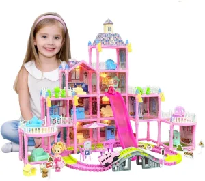 Dream Dollhouse, Racing Track, Dolls House playset with Toy Furniture and 4 Level Slide, Furniture, 1 Doll and 1 Buggy Toy and 10  Tracks Pet and Puppy Play Area 13 Rooms