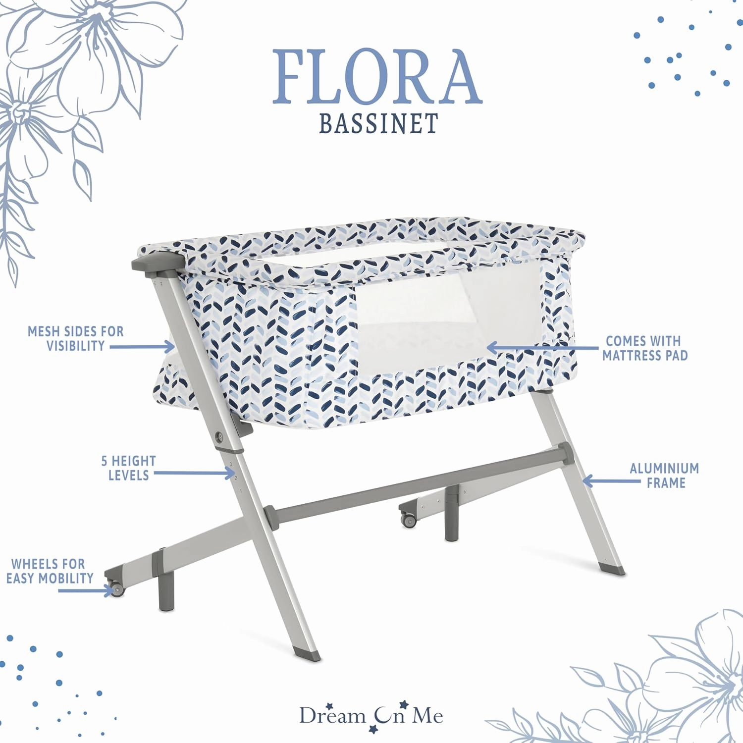 Dream On Me Flora Baby Bassinet in Moroccan White, Lightweight and Portable Travel Bassinet with Carry Bag, Five Adjustable Height Position, Mattress Pad Included