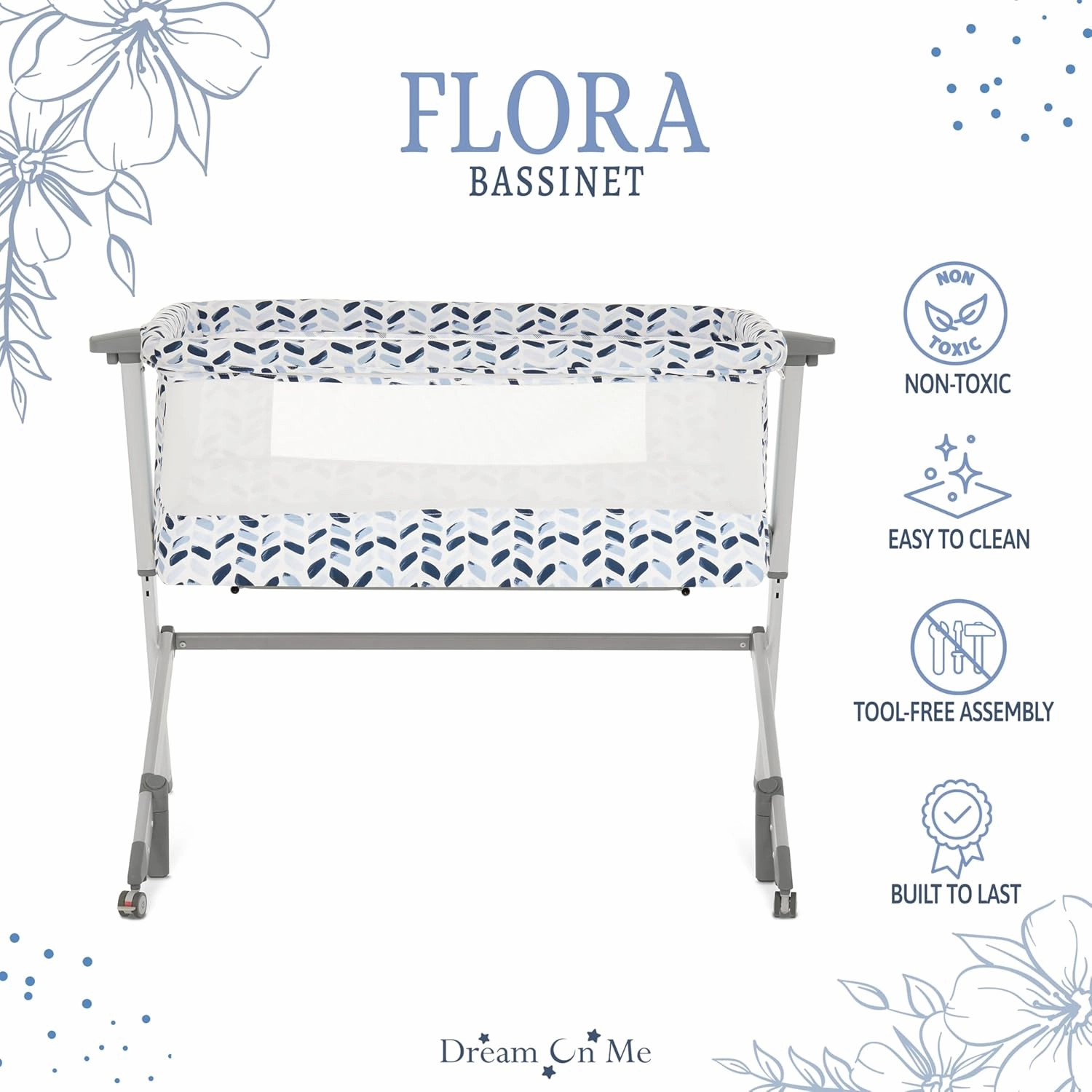 Dream On Me Flora Baby Bassinet in Moroccan White, Lightweight and Portable Travel Bassinet with Carry Bag, Five Adjustable Height Position, Mattress Pad Included