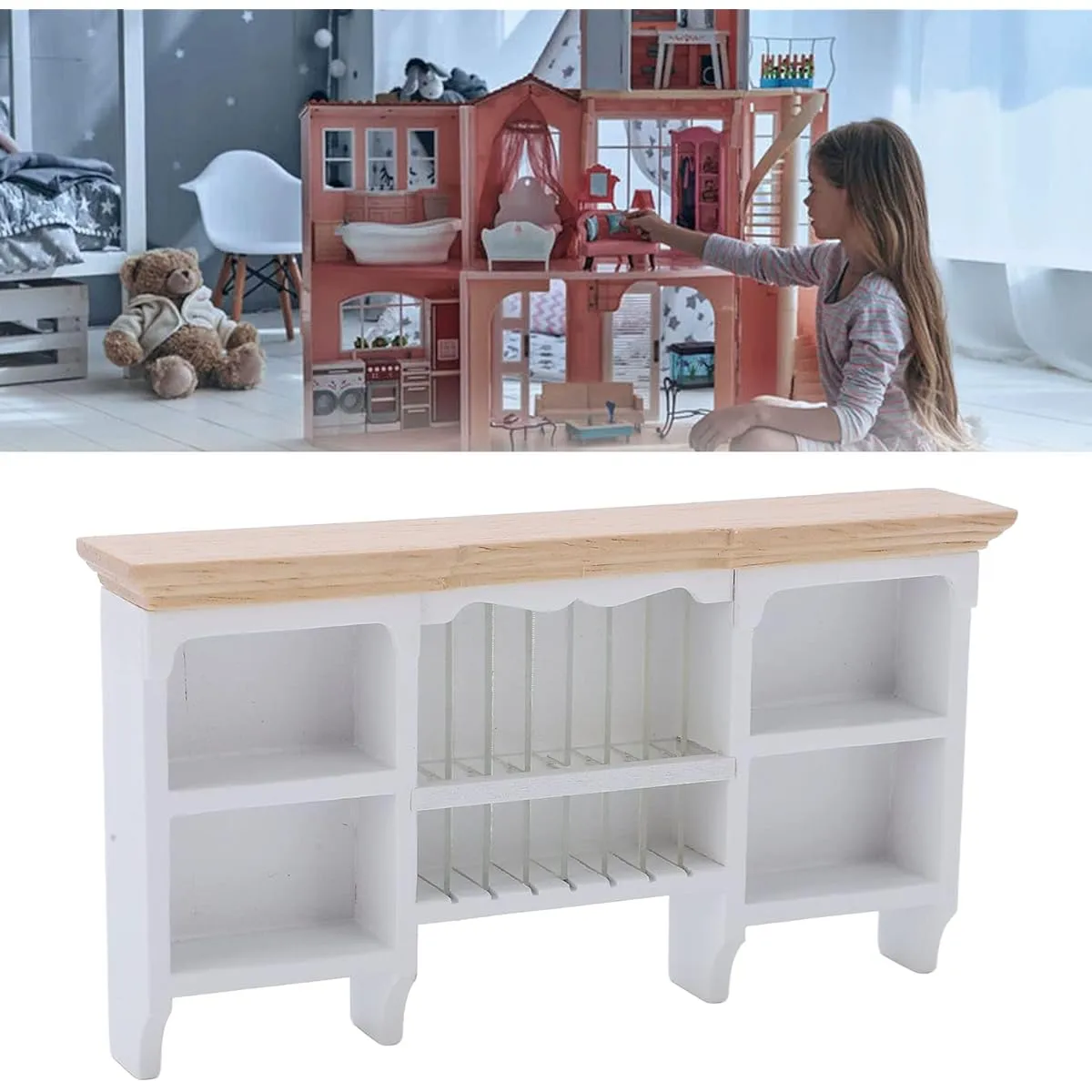 Drfeify 1/12 Miniatura Storage Cabinet Wall 2 Colors Hand Painted Dollhouse Cupboard Handmade Mini Shelf (White)