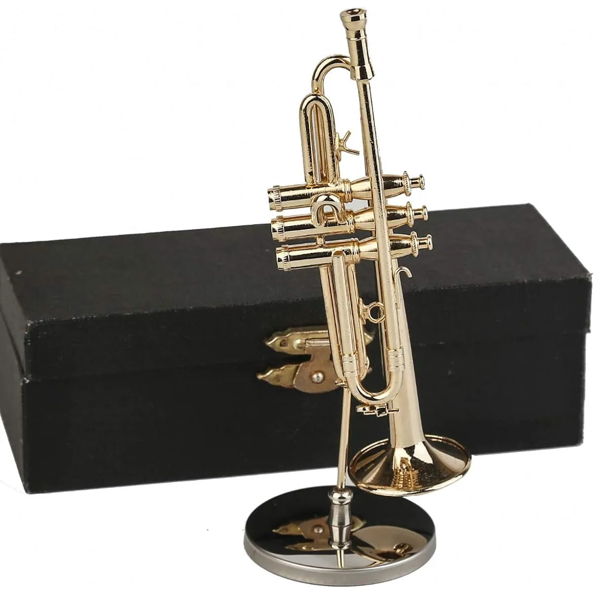 Dselvgvu Copper Miniature Trumpet with Stand and Case Mini Musical Instrument Mini Trumpet Miniature Dollhouse Model Christmas Ornament (4.6" x 1.2")