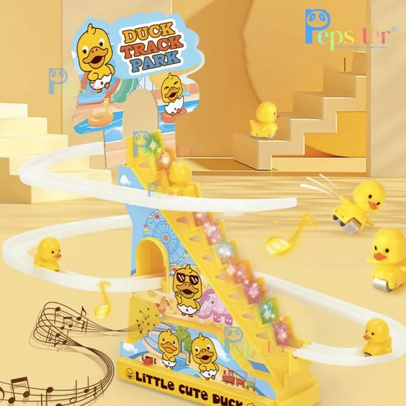 Duck Slide Electric Track Toy – Stair-Climbing Roller Coaster with Flashing Lights & Music for Toddlers (3 Ducks)