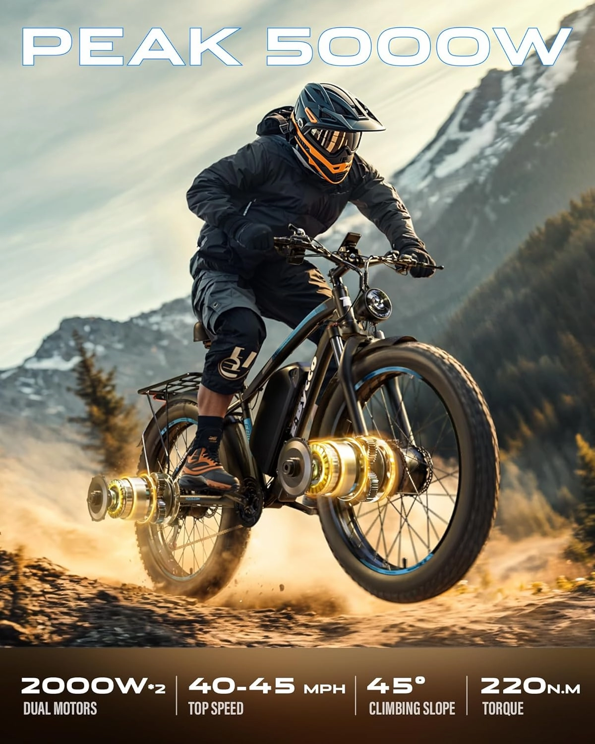 E·Bycco 5000W Peak Dual Motors Electric Bike for Adults, 52V 32Ah Battery up to 100Miles, 40-45MPH Fast Ebike, 24"*4.0 Fat Tire Hydraulic Disc Brake E-Bicycle, Off-Road Mountain Hunting E-Bike for Men