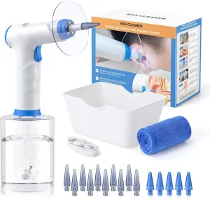 Ear Wax Removal, Electric Ear Cleaning Kit with Light, FSA HSA Eligible, Ear Irrigation Kit with 4 Pressure Modes, Safe and Effective Ear Flush Kit with Ear Cleaner - Includes Basin, Towel & 15 Tips