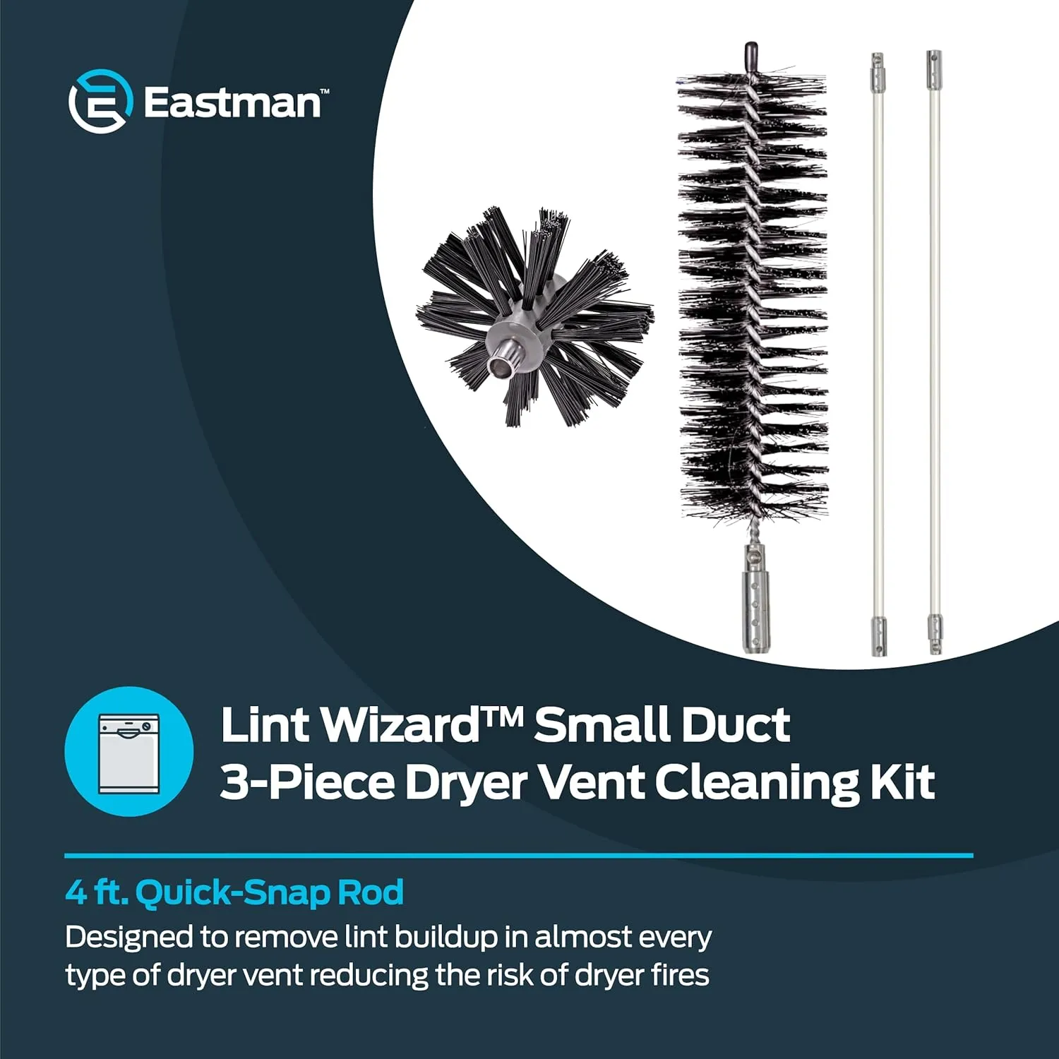 Eastman Lint Wizard Small Duct 3-Piece Dryer Vent Cleaning Kit, 4 Foot Flexible Quick-Snap Rods, 4 Inch Auger Brush, Lint Trap Brush, 60766