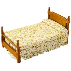 Eatingbiting＆#xff08;R＆#xff09;1:12 Doll Vintage Flower Printing Bed,Dollhouse Miniature Furniture Wooden Single Bed Traditional Flower Bed,DIY Scene Doll Home Furnishing Craft Accessoreis.