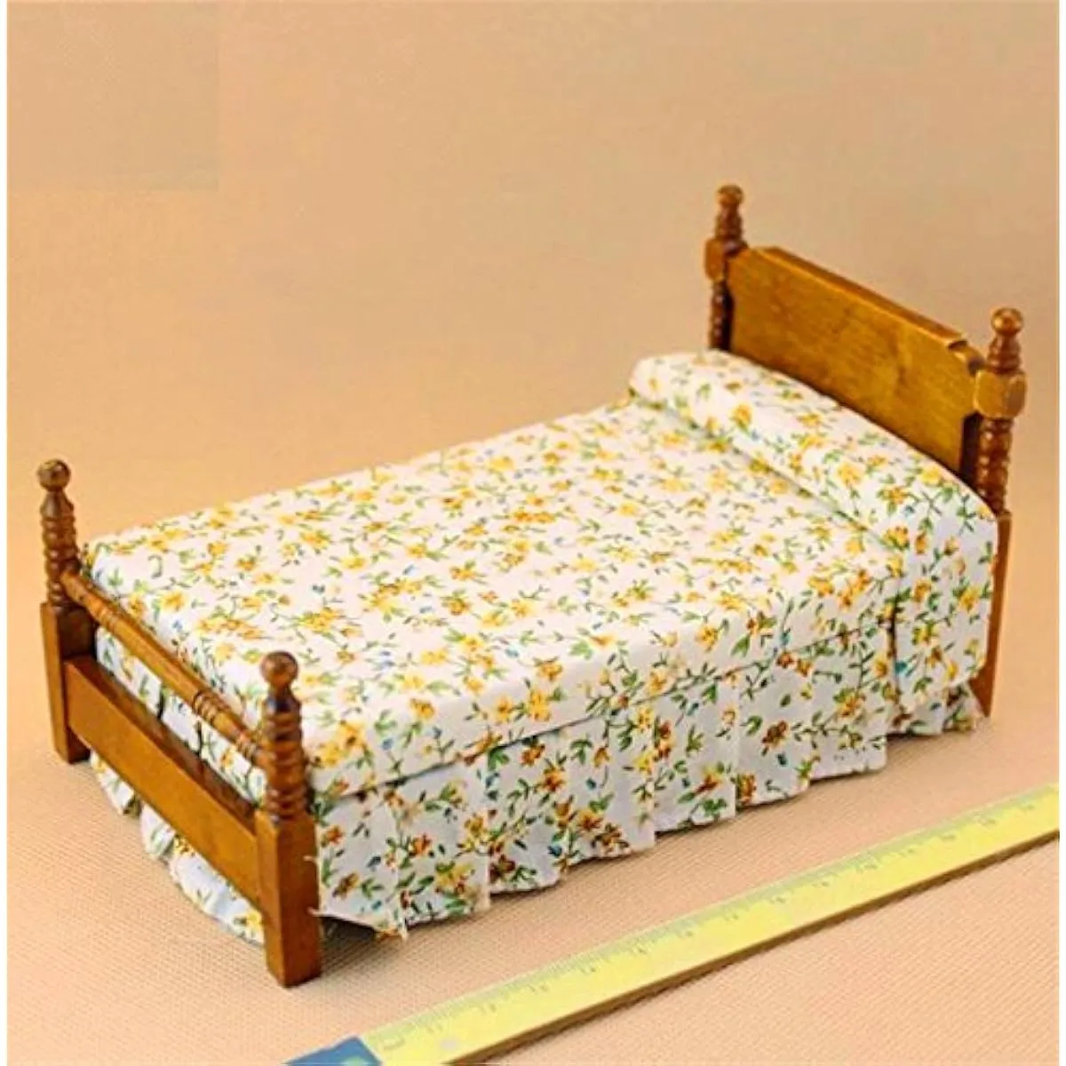 Eatingbiting＆#xff08;R＆#xff09;1:12 Doll Vintage Flower Printing Bed,Dollhouse Miniature Furniture Wooden Single Bed Traditional Flower Bed,DIY Scene Doll Home Furnishing Craft Accessoreis.