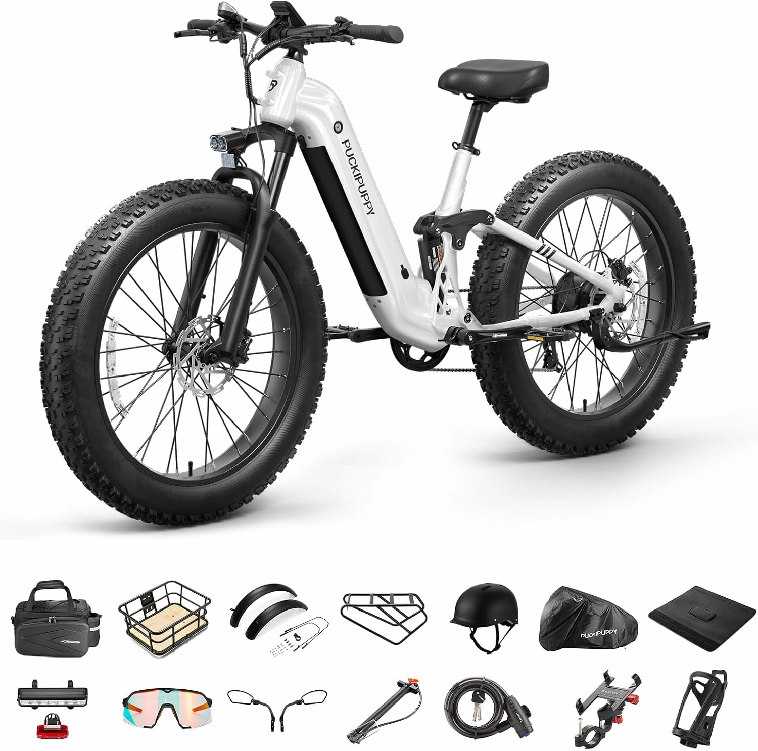 Ebike A Luxury Accessory Pack, Electric Bike for Adults 960W, 48V 20AH Battery Adult Electric Bicycles, 26" Fat Tire Full Suspension Step-Thru Ebike, 28MPH Mountain Ebike, 7 Speed, 80Miles Range