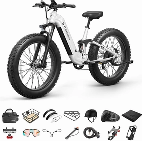 Ebike A Luxury Accessory Pack, Electric Bike for Adults 960W, 48V 20AH Battery Adult Electric Bicycles, 26" Fat Tire Full Suspension Step-Thru Ebike, 28MPH Mountain Ebike, 7 Speed, 80Miles Range