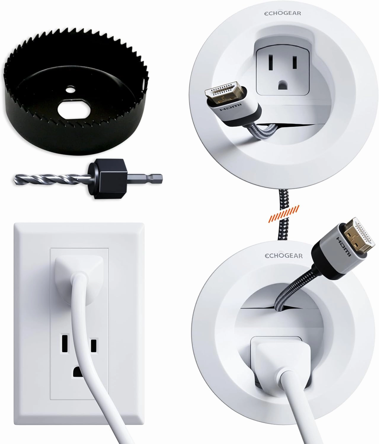 ECHOGEAR in-Wall Cable Management Kit - Includes Power & Low Voltage Cable Management - Hide TV Wires When Mounting A TV - Includes Hole Saw Drill Attachment for Easy Install