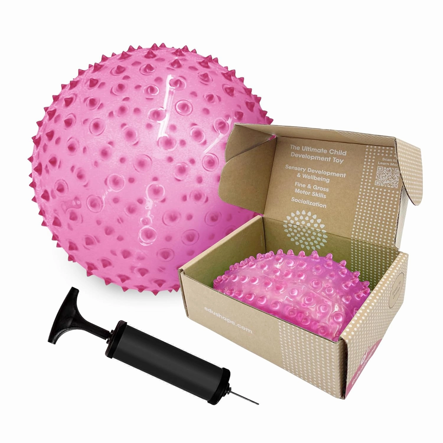 Edushape Sensory Ball for Baby - 7" Deflated with Pump, Transparent Pink, Enhances Gross Motor Skills for Kids 6 Months & Up