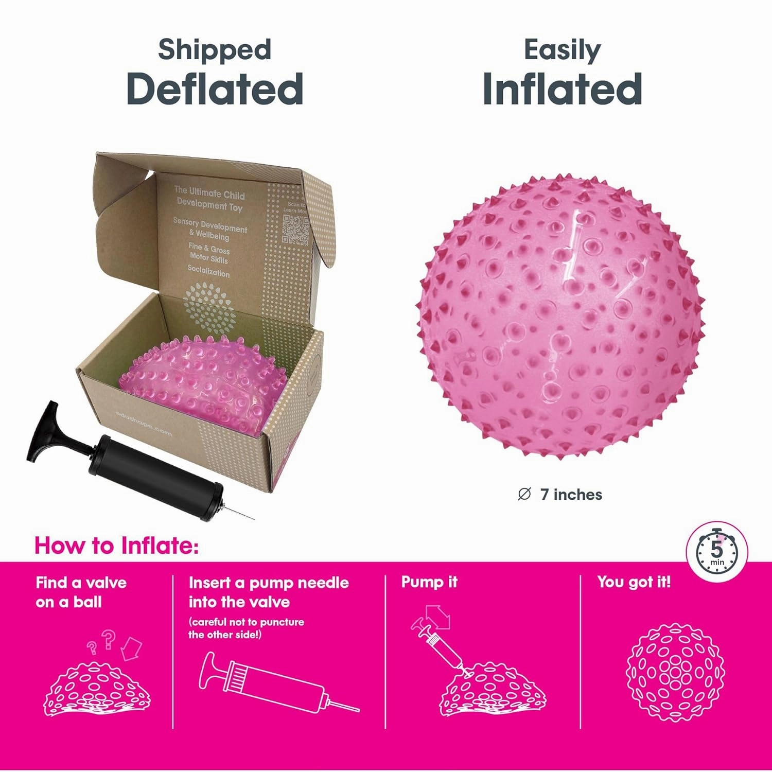 Edushape Sensory Ball for Baby - 7" Deflated with Pump, Transparent Pink, Enhances Gross Motor Skills for Kids 6 Months & Up