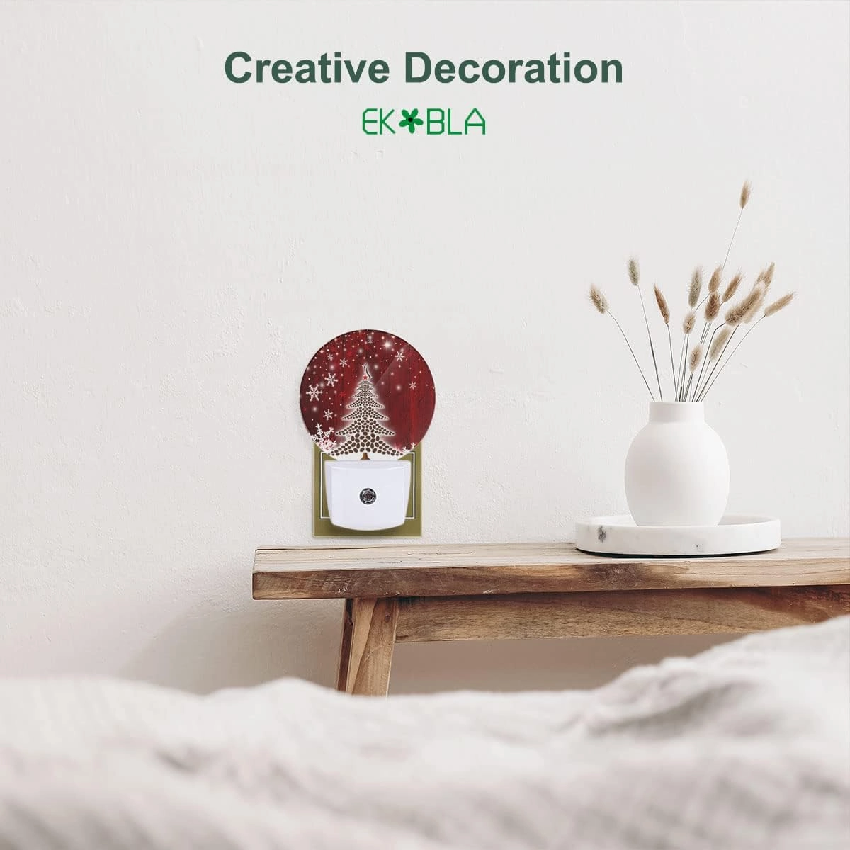 EKOBLA Winter Red Christmas Tree LED Night Light Xmas Holiday Snow Snowflakes Night Lights Plug into Wall with Dusk to Dawn Light Sensor for Boys Girls Men Women Gifts