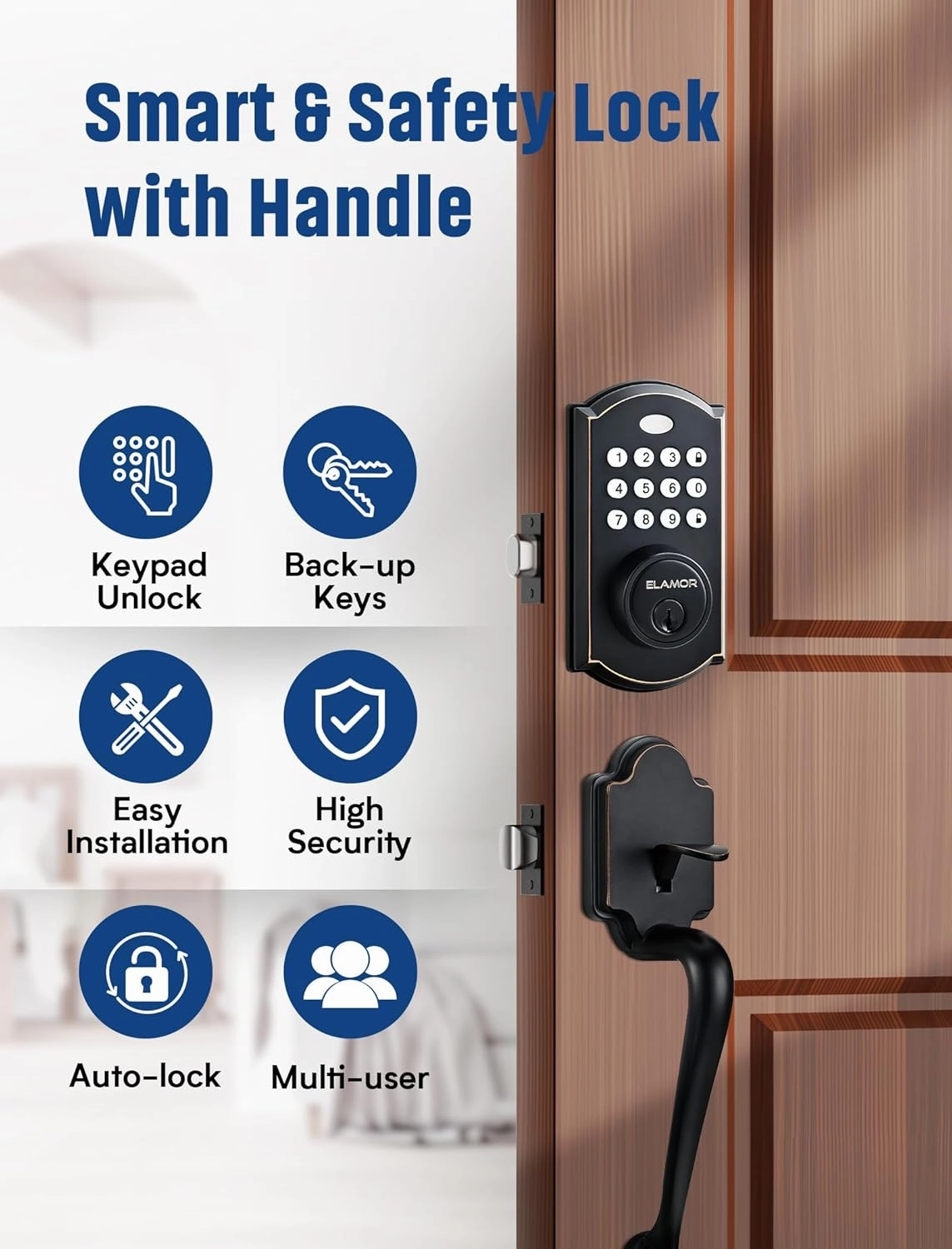 ELAMOR M19 Front Door Lock Set, Keyless Entry Deadbolt with Handle, Auto Lock, 50 User Codes, 2 Keys, Electronic Keypad, Waterproof Security Handle Set, Easy-to-Install, Oil Rubbed Bronze
