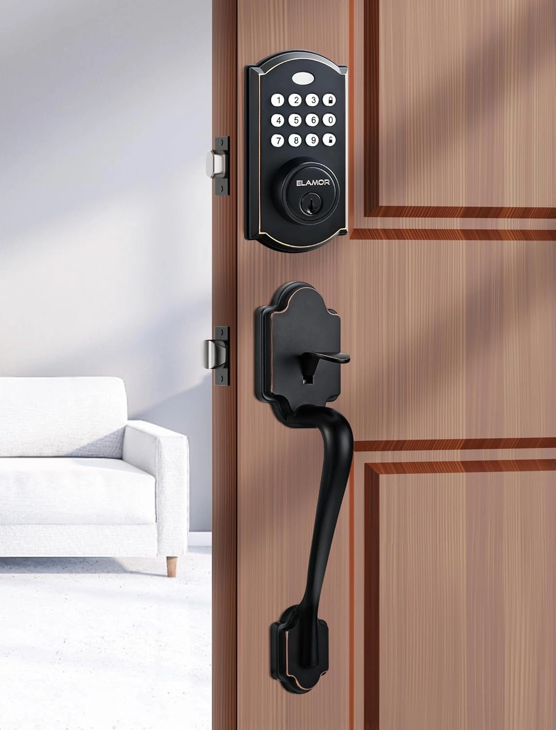 ELAMOR M19 Front Door Lock Set, Keyless Entry Deadbolt with Handle, Auto Lock, 50 User Codes, 2 Keys, Electronic Keypad, Waterproof Security Handle Set, Easy-to-Install, Oil Rubbed Bronze