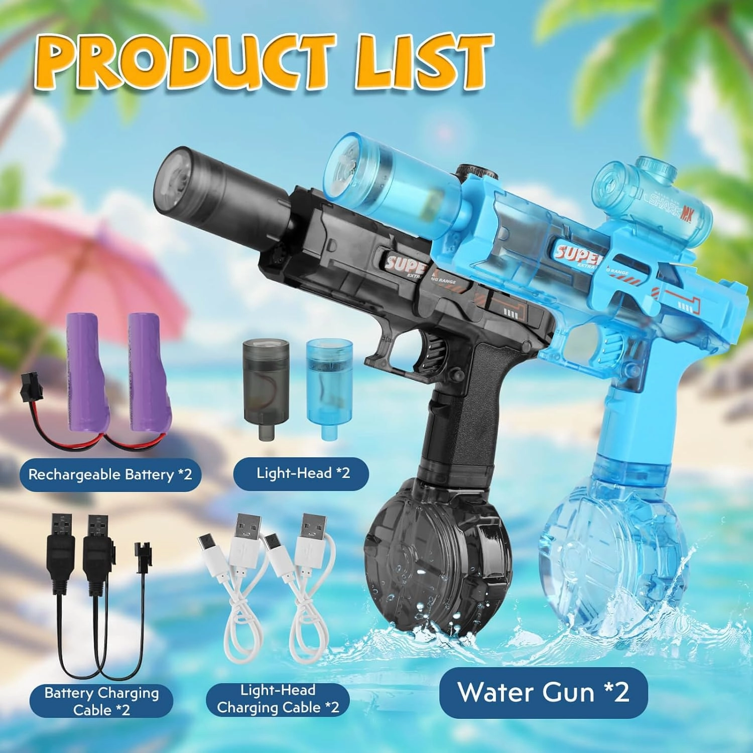 Electric Water Gun, 2PCS Light Up Automatic Water Pistol Powerful Squirt Gun Large Capacity Watergun Summer Backyard Beach Pool Party Water Toy for Adults Kids