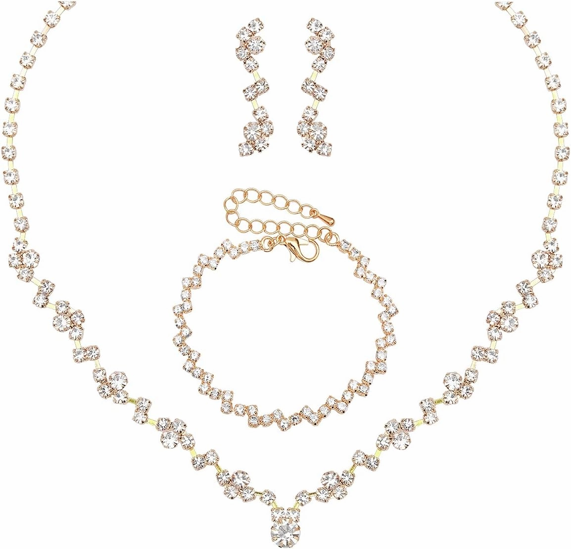 Elegant Necklace Earrings Bracelet Crystal Bridal Wedding Jewelry Sets for Brides Bridesmaid Prom Formal Costume Accessories for Women