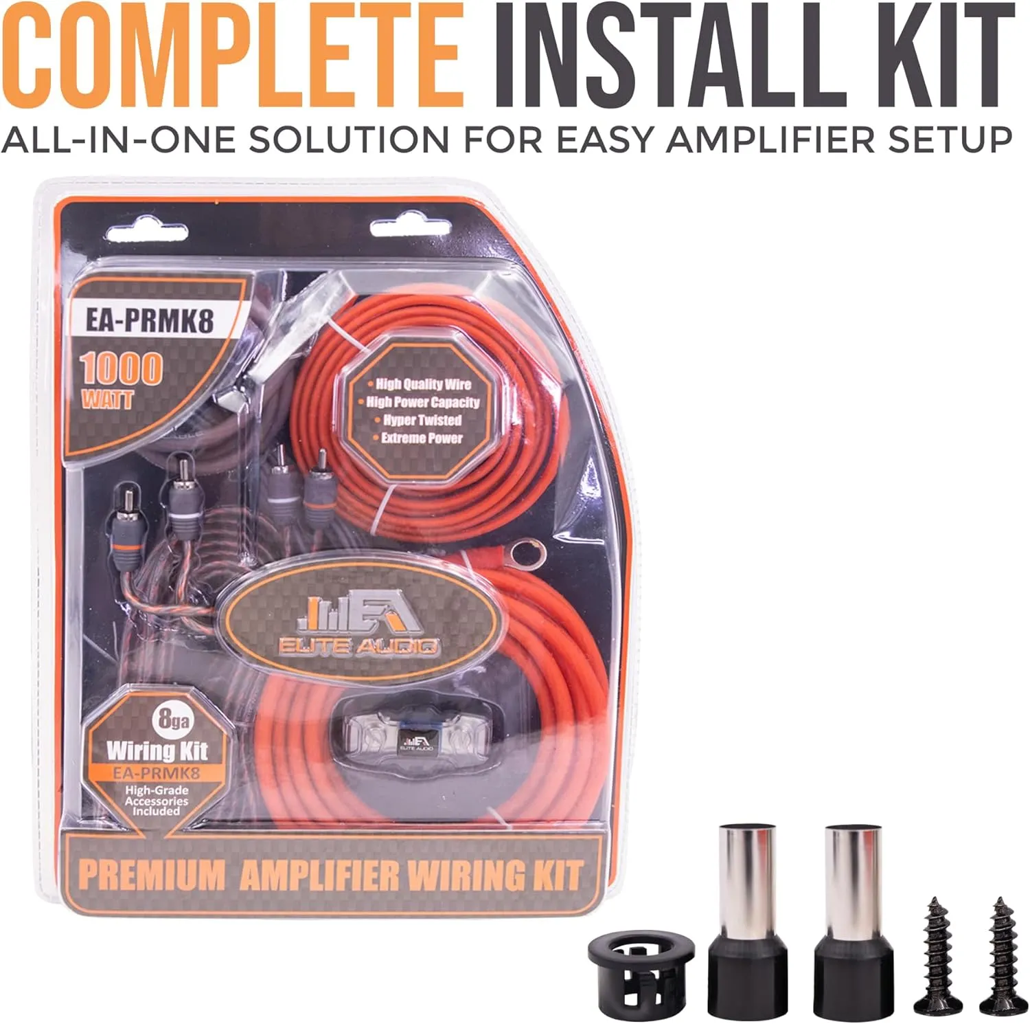 Elite Audio Premium Series 8-Gauge Amp Kit - 1000W Max Power, Copper Clad Aluminum Wire, Triple-Shielded RCA Cables, High-Power Capacity, Mini-ANL Fuse Holder, Car Amplifier Install Kit - EA-PRMK8