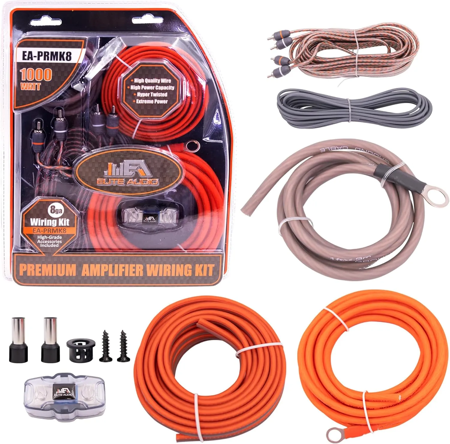 Elite Audio Premium Series 8-Gauge Amp Kit - 1000W Max Power, Copper Clad Aluminum Wire, Triple-Shielded RCA Cables, High-Power Capacity, Mini-ANL Fuse Holder, Car Amplifier Install Kit - EA-PRMK8