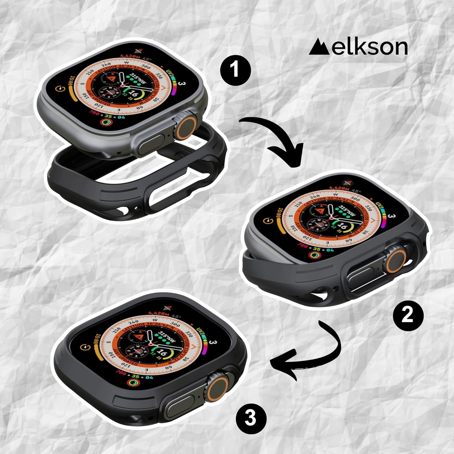 Elkson Made for Apple Watch Ultra 2 1 Bumper Case Screen Protector Kit 49mm Quattro Max Series Rugged, Military-Grade Durable Flexible Shockproof Protective Cover w/Tempered Glass for iWatch, Black