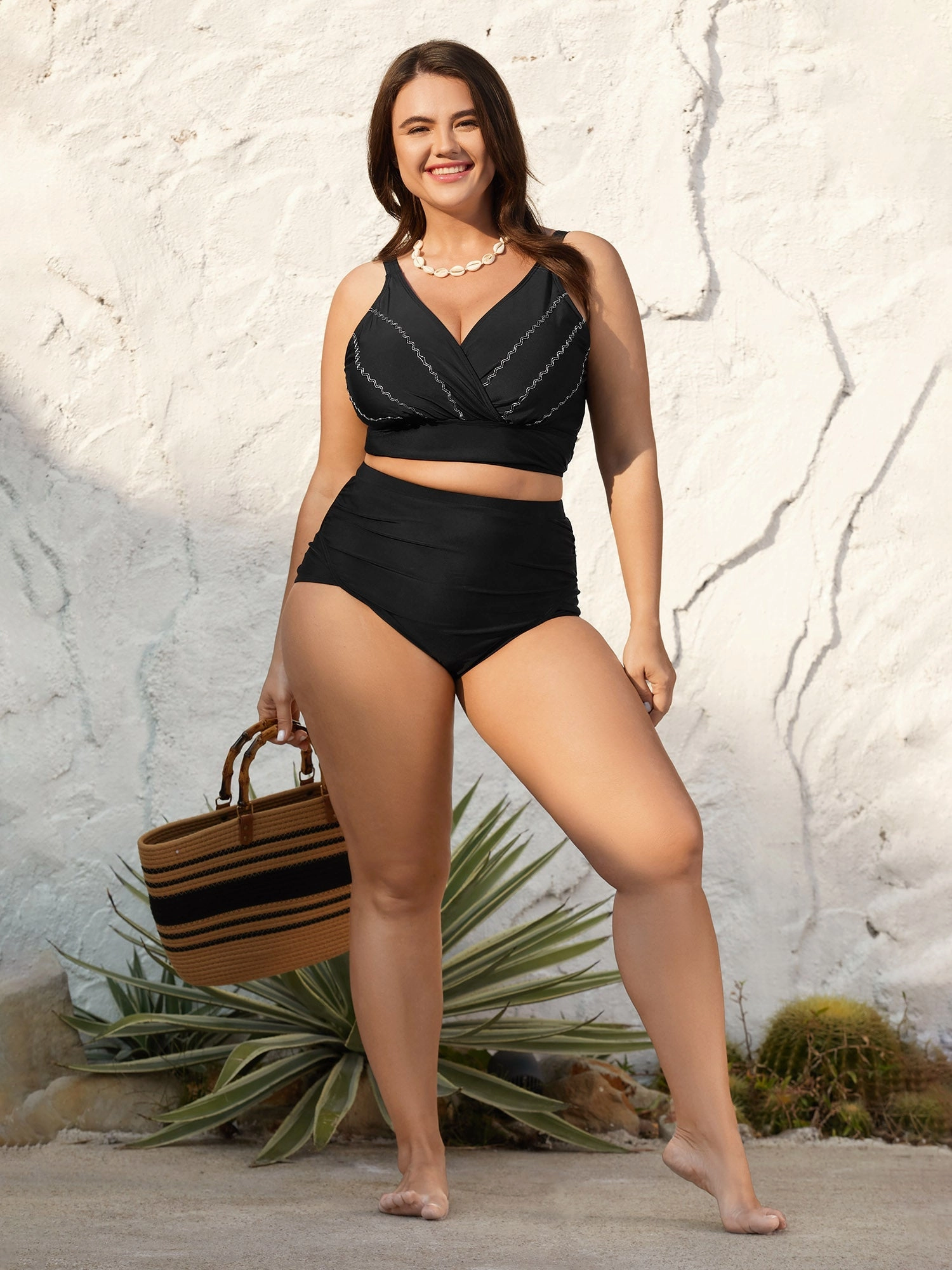 Embroidered Surplice Neck Adjustable Swim Top