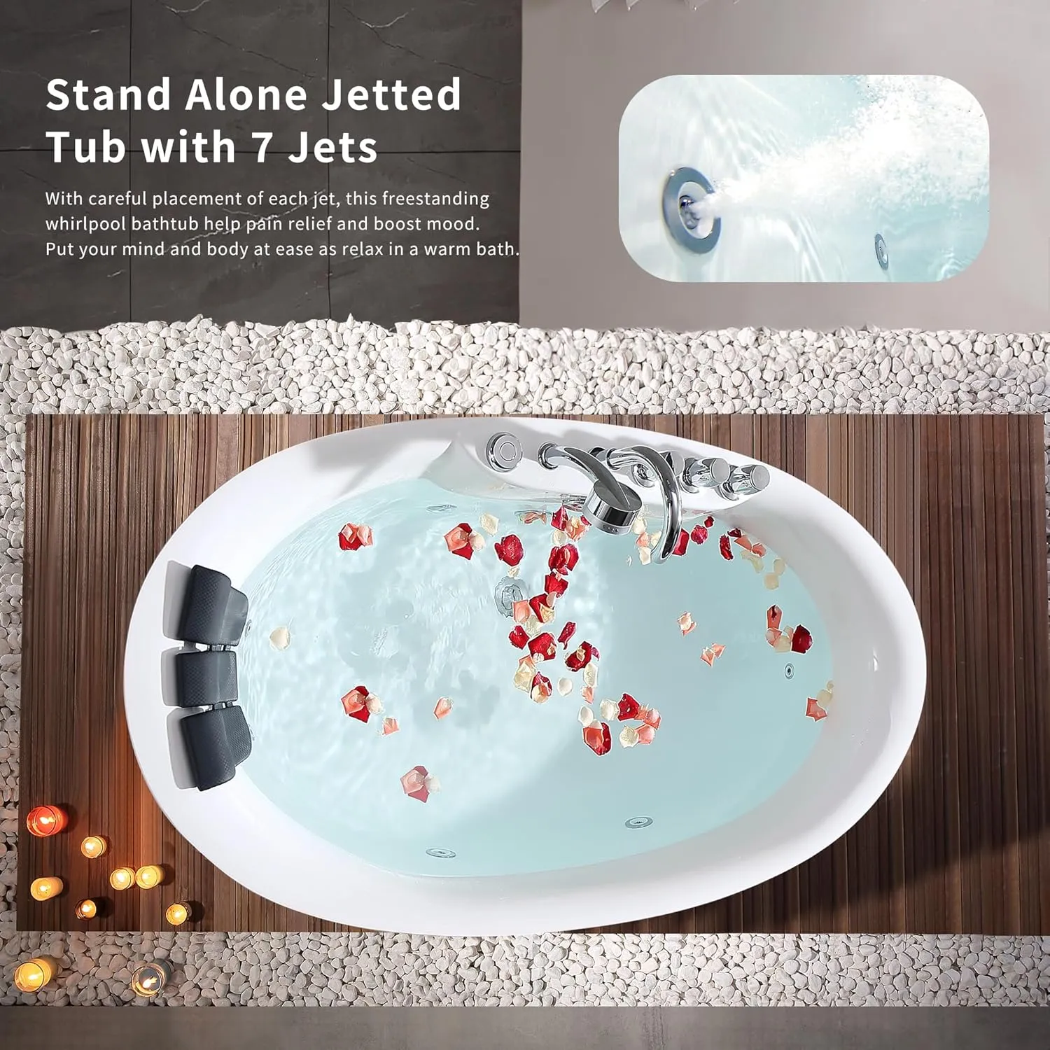 Empava 59" x 28" Freestanding Whirlpool Tub, Stand Alone Jetted Bathtub, Boat Shape with Large Recline Angle, Hydromassage, Adjustable Water Nozzles,Acrylic,ETL Certified