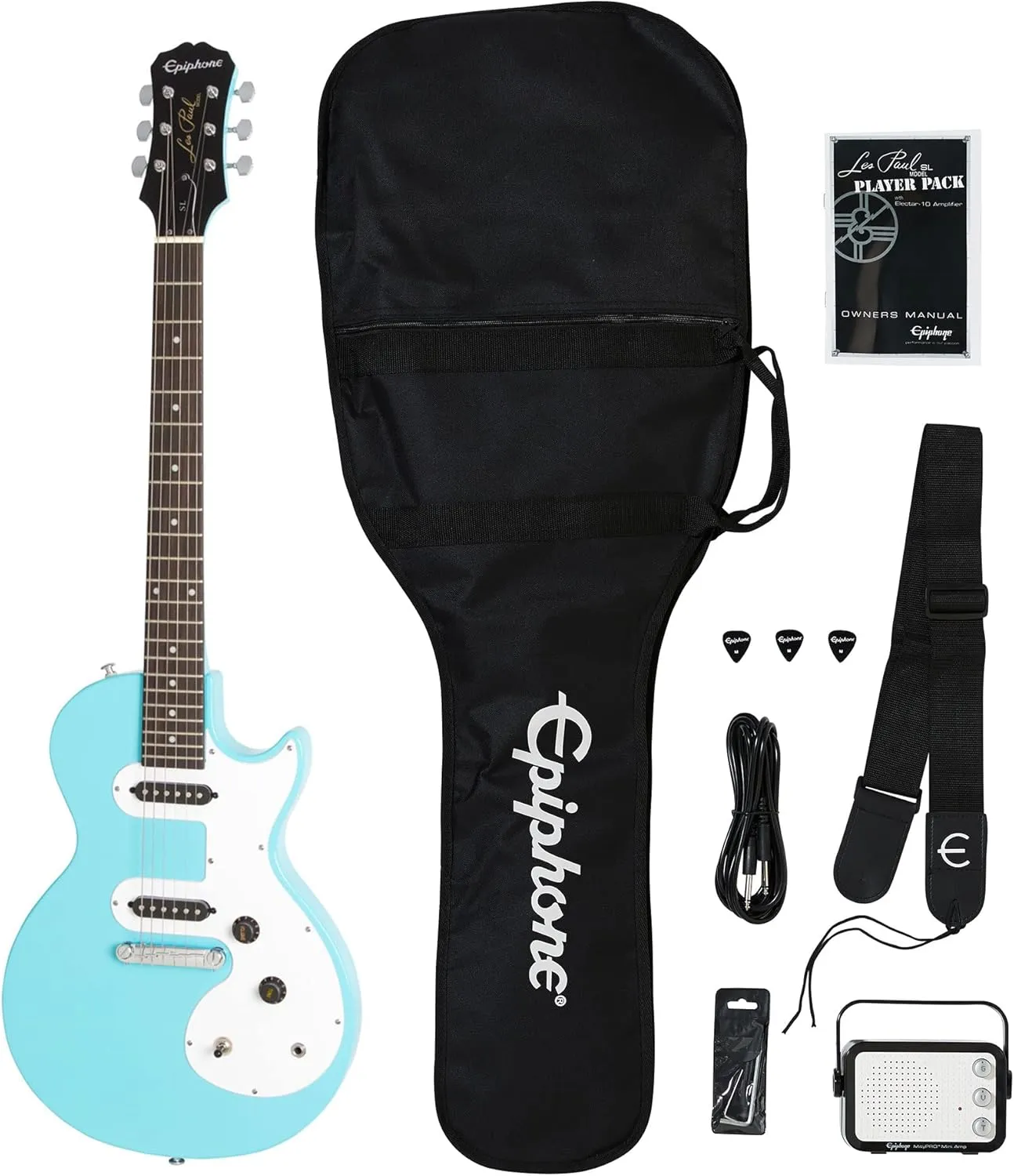 Epiphone Les Paul Melody Maker Starter Pack | Includes Mini Amp, Gigbag, Tuner, Picks, and Strap - Pacific Blue