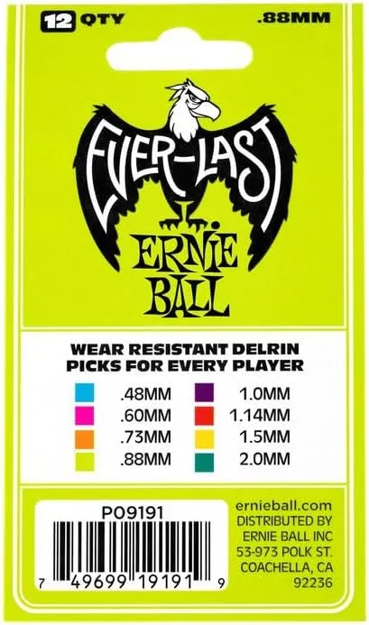Ernie Ball Everlast Guitar Picks, Green .88mm, 36-pack (P09191)