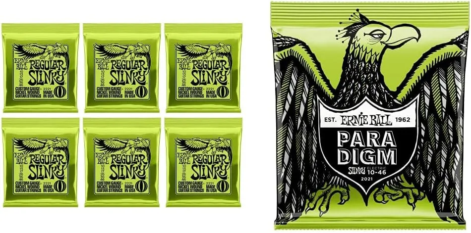 Ernie Ball Regular Slinky Electric Guitar Strings 6-Pack with Paradigm Regular Slinky - 10-46 Gauge