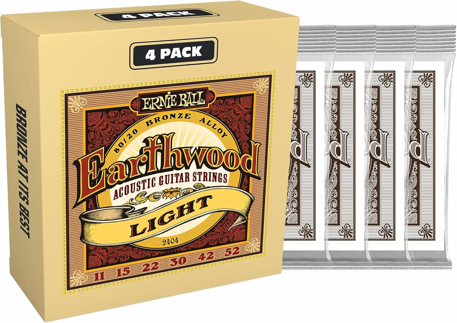 Ernie Ball Earthwood 80/20 Bronze Light Acoustic Guitar Strings 4 pack - 11-52 Gauge (P02404)