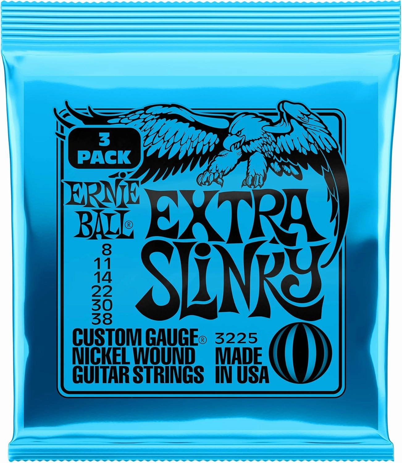 Ernie Ball Extra Slinky Nickel Wound Electric Guitar Strings 3-pack, 8-38 Gauge (P03225)