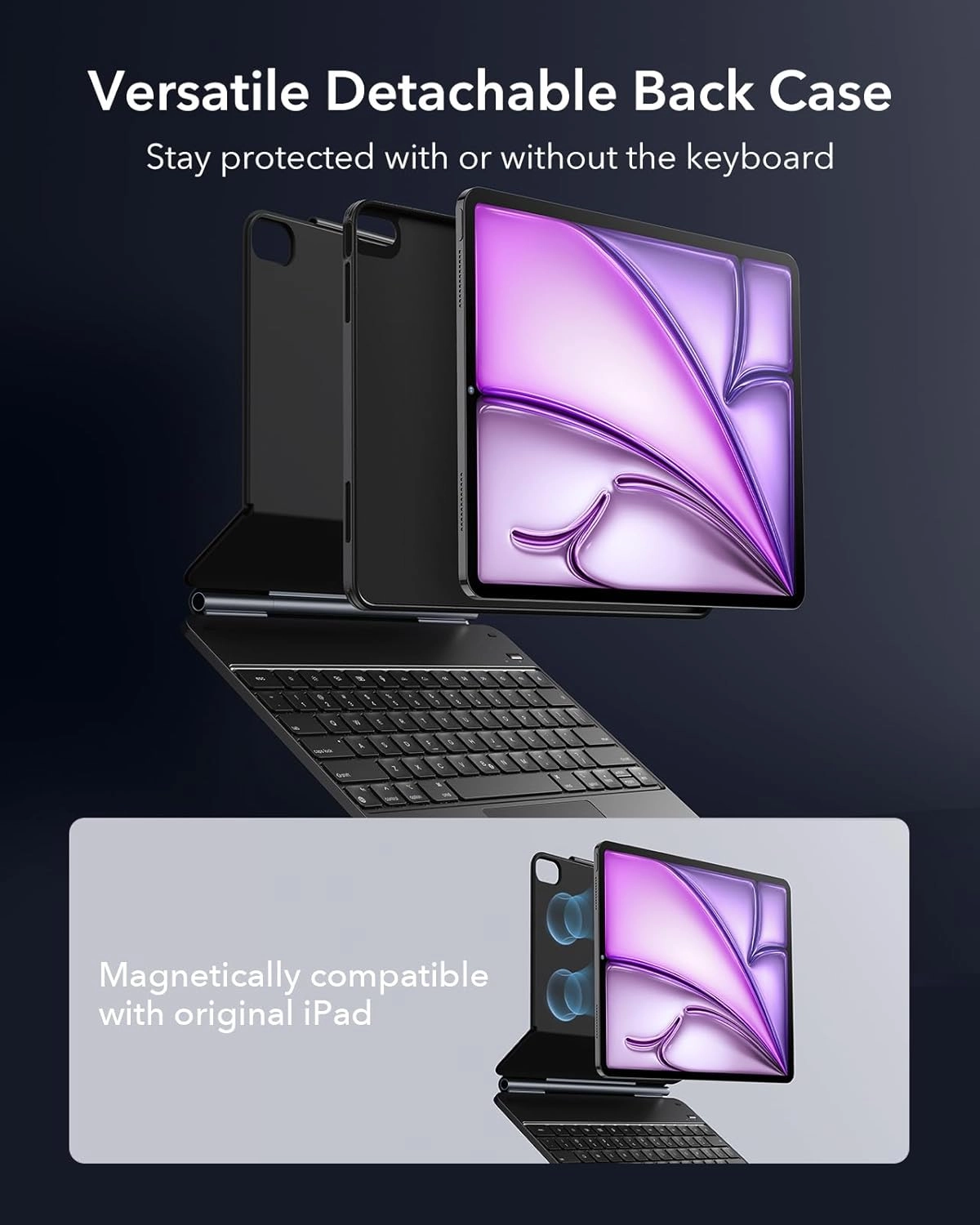 ESR iPad Air 13 Inch Case Keyboard (M3/M2, 2025/2024), Easy-Set Magnetic Stand, Portrait/Landscape Mode, Removable Case with Multi-Touch Trackpad, Rebound 360 Series, Black