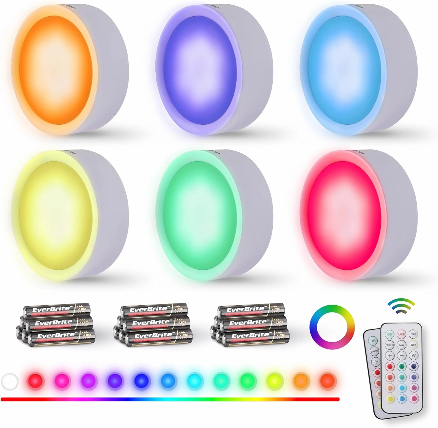EverBrite Puck Lights with Remote, Wireless LED Puck Lights Battery Operated, 13 RGB Colors Changing Under Cabinet Lights, Dimmable Closet Lights with Timer, Battery Included (6-Pack)