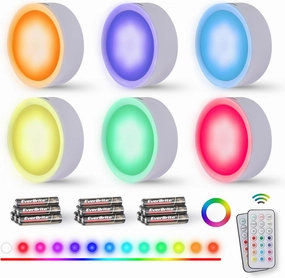 EverBrite Puck Lights with Remote, Wireless LED Puck Lights Battery Operated, 13 RGB Colors Changing Under Cabinet Lights, Dimmable Closet Lights with Timer, Battery Included (6-Pack)
