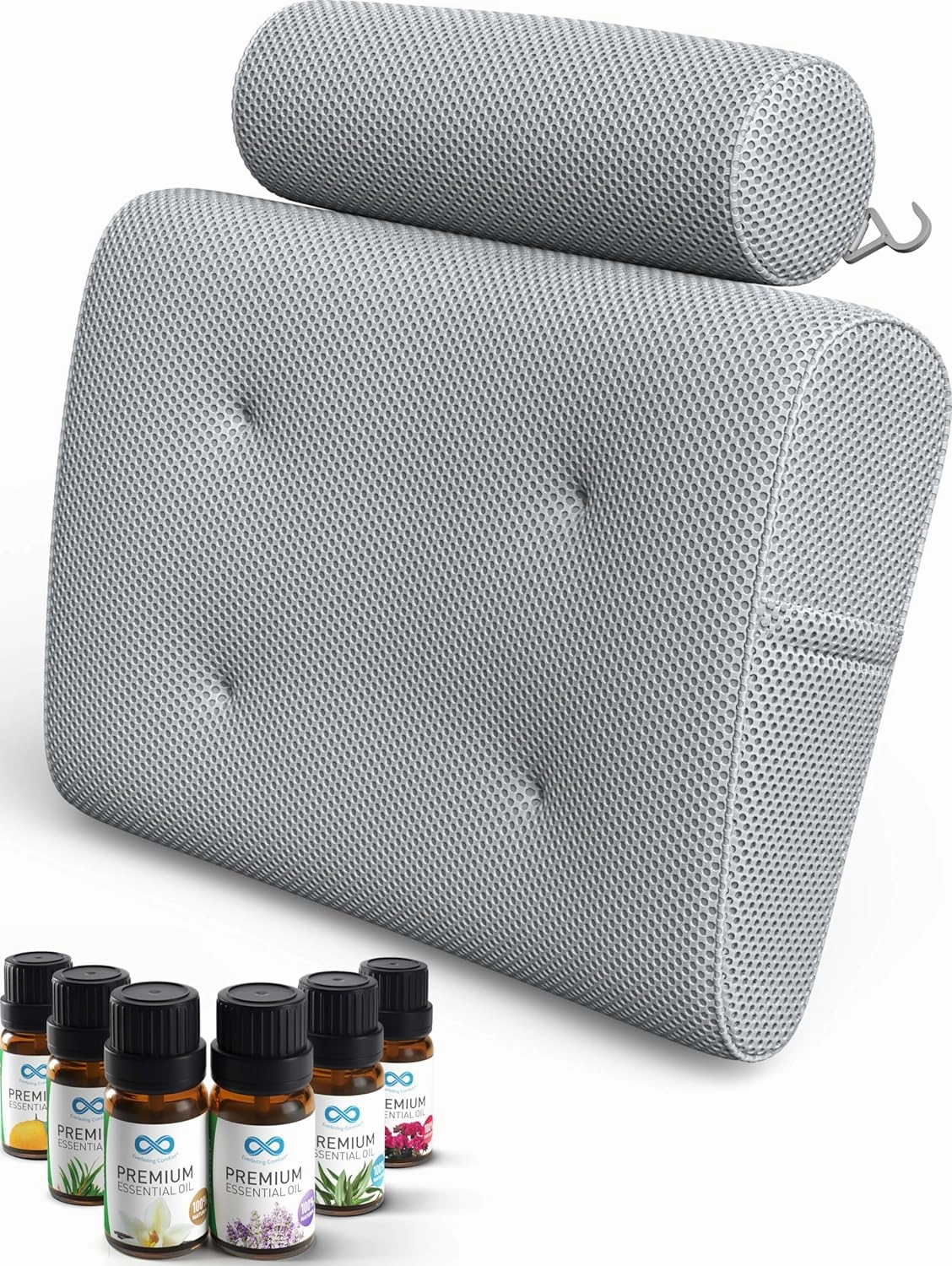 Everlasting Comfort Essential Oils Kit & Bath Pillow Bundle - All Natural Essential Oils for Diffuser, Humidifier, Home, Skin - Memory Foam Head, Neck, Back Support Cushion for Bathtub, Spa, Soaking