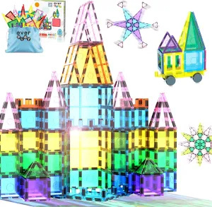 Everplay 61pc Magnet Tile Building Blocks with Car Base Drawstring Carry Bag Magnetic Construction Toy Structure Build Magnets Toyset Preschool Montessori Toys for Sensory STEAM Education Age 3  EP61
