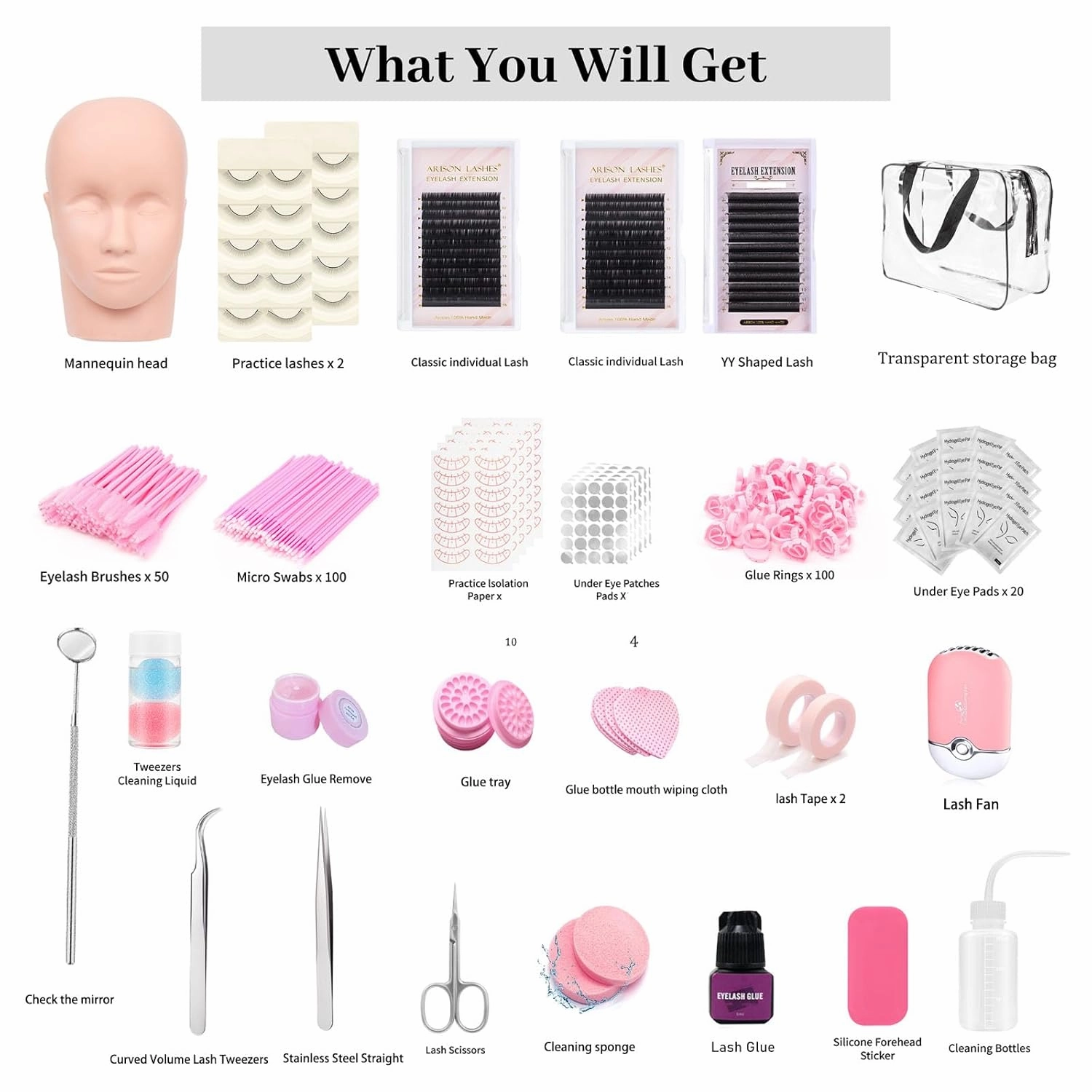 Eyelash Extension Practice Kit with Mannequin Head, Lashes, Glue, Remover, Tweezers and Brush for Beginners