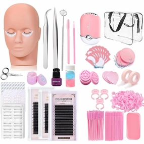 Eyelash Extension Practice Kit with Mannequin Head, Lashes, Glue, Remover, Tweezers and Brush for Beginners