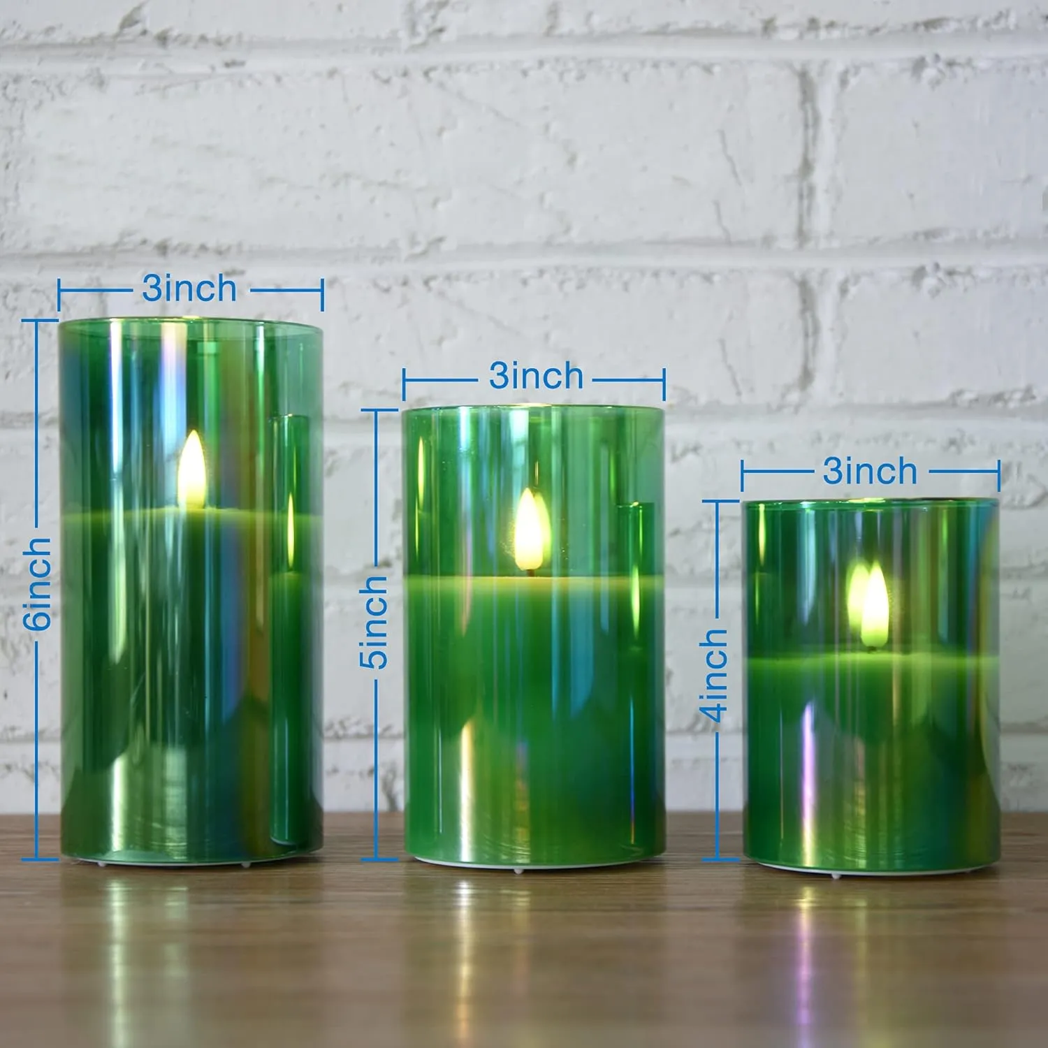 Eywamage Green Glass Flameless Pillar Candles with Remote, Flickering Battery LED Wax Candles Set of 3