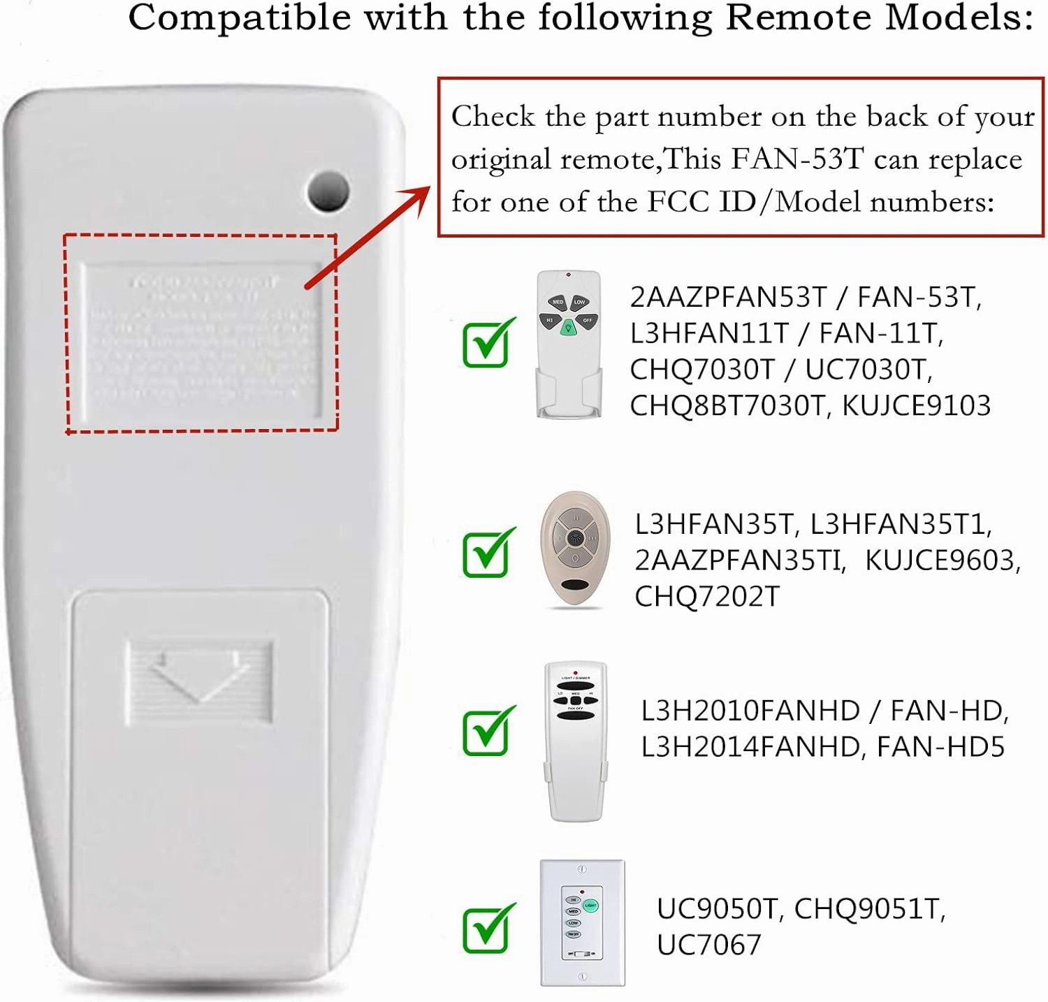 FAN-53T Ceiling Fan Remote Control Replacement for Hampton Bay Hunter Harbor Breeze Allen Roth Replace 2AAZPFAN53T CHQ8BT7030T CHQ7030T UC7030T FAN53T FANHD L3HFAN35T