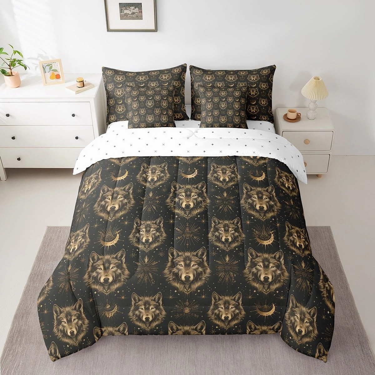 Feelyou Black Yellow Wolf Queen Comforter Set with Sheets Kids Flower Bed in a Bag for Boys Girls Teens Wolves Howling 7 Pieces Bedding Set Animal Wolves Bed Set Mountain Moon Wolf