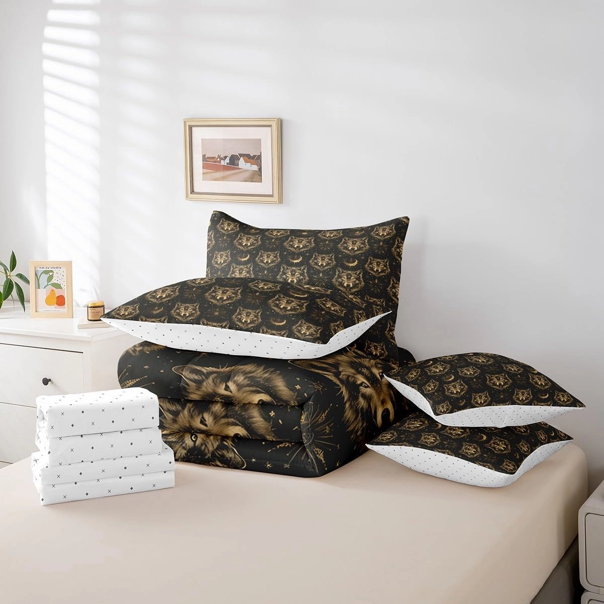 Feelyou Black Yellow Wolf Queen Comforter Set with Sheets Kids Flower Bed in a Bag for Boys Girls Teens Wolves Howling 7 Pieces Bedding Set Animal Wolves Bed Set Mountain Moon Wolf